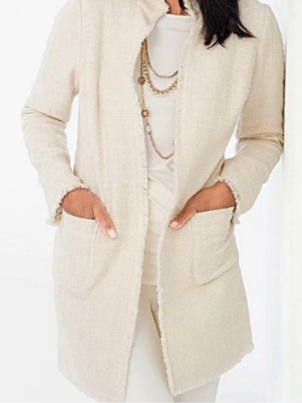 Chico's Cream Fringe Trim Tweed Open Longline Jacket Size 2 (US 12)